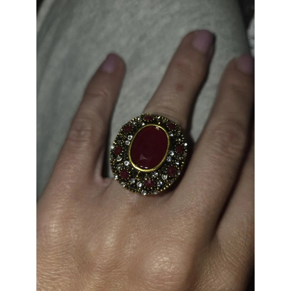 Large Oval Two Tone Red And White Cz Ring. Boho. Heavy. Statement Piece. 7